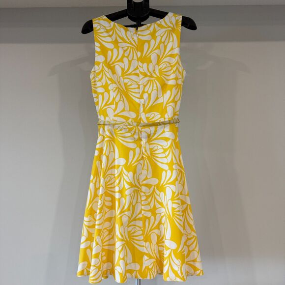 Banana Republic Yellow Floral Dress Belted Fit & Flare Size 14 - Picture 5 of 10